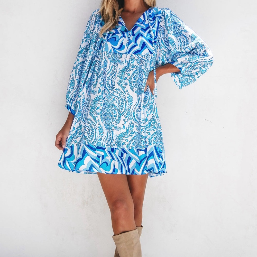 Blue and White Patterned Dress